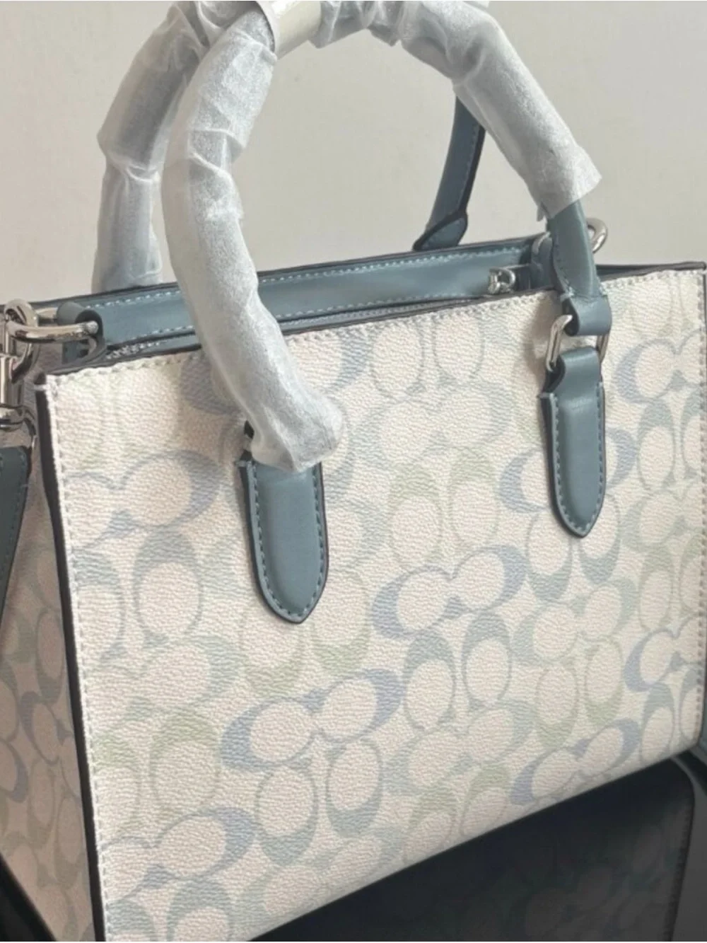 Coach Mini Satchel in Pale Blue and Ivory Signature Print